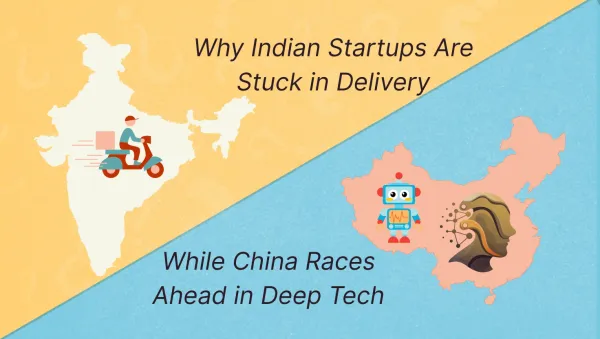 India map with delivery scooter icon contrasted with China map showing robot and AI head icons, comparing startup priorities.